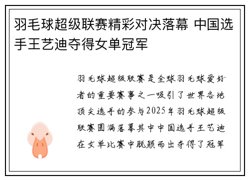 羽毛球超级联赛精彩对决落幕 中国选手王艺迪夺得女单冠军